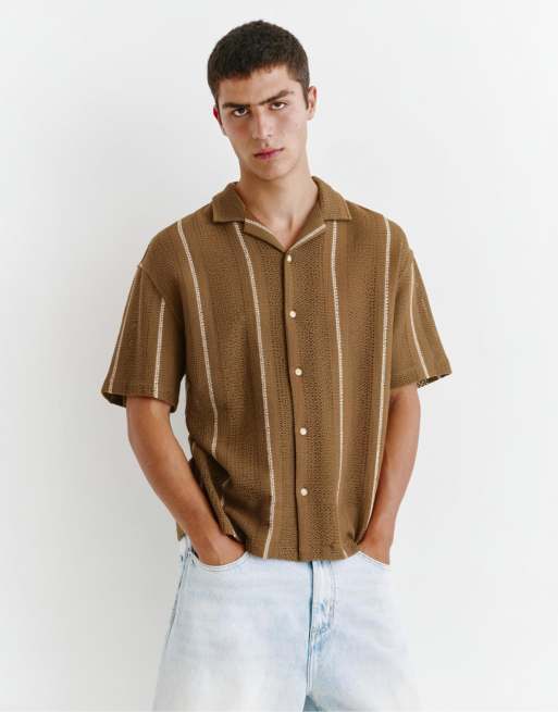 Pull&Bear - Camicia a maniche corte color cioccolato a righe