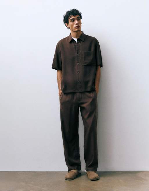 Pull&Bear - Camicia a maniche corte color cioccolato con tasca