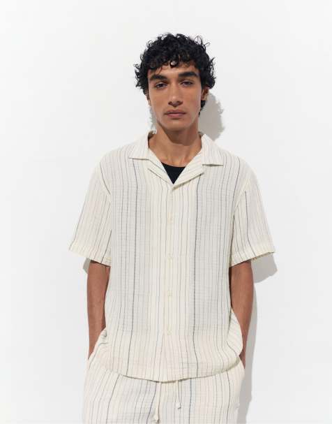 Pull&Bear - Camicia a maniche corte in crêpe a righe bianco/blu navy - view 1
