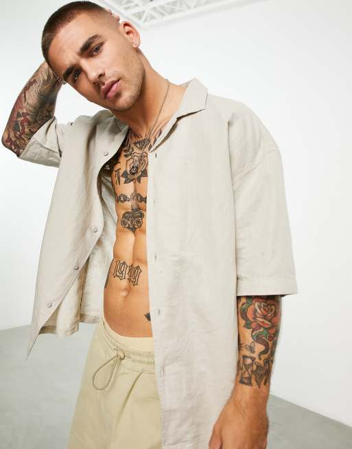 Pull&Bear - Camicia a maniche corte in lino kaki