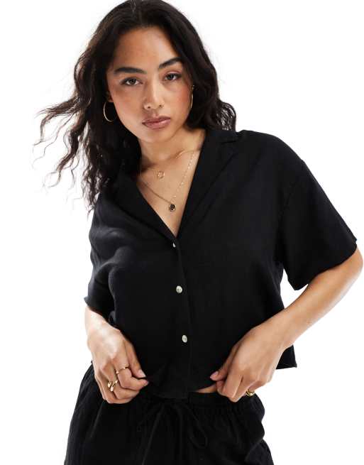 Pull&Bear - Camicia a maniche corte in lino nera in coordinato