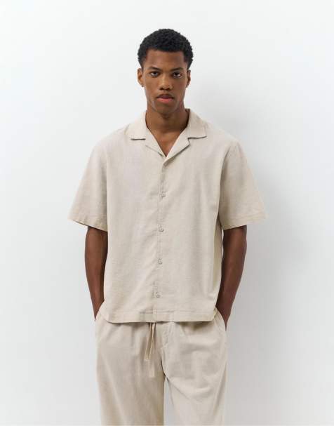 Pull&Bear - Camicia a maniche corte in misto lino beige - view 1