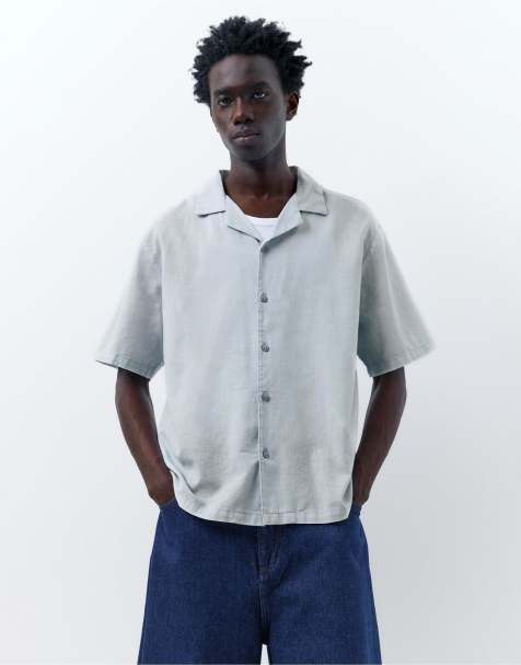 Pull&Bear - Camicia a maniche corte in misto lino blu pallido - view 1