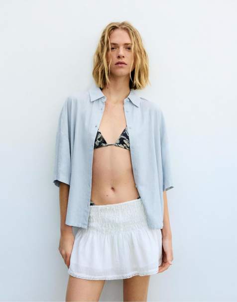 Pull&Bear - Camicia a maniche corte in misto lino celeste - view 1