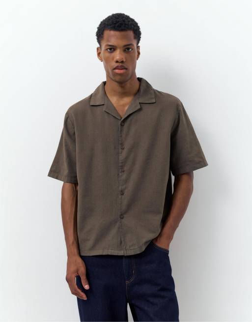 Pull&Bear - Camicia a maniche corte in misto lino color cioccolato