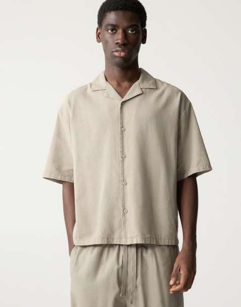 Pull&Bear - Camicia a maniche corte in misto lino ocra - view 1