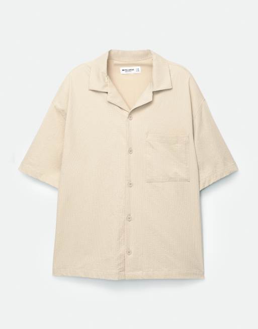 Pull&Bear - Camicia a maniche corte in seersucker color sabbia