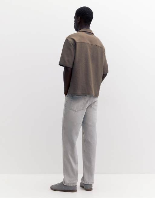 Pull&Bear - Camicia a maniche corte in spugna marrone talpa, 2 di 4
