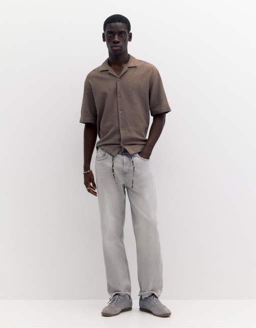 Pull&Bear - Camicia a maniche corte in spugna marrone talpa, 4 di 4