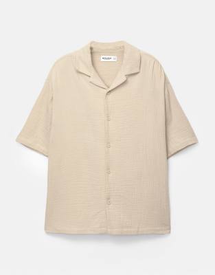 Pull&Bear - Camicia a maniche corte in tessuto grezzo color ocra - view 1