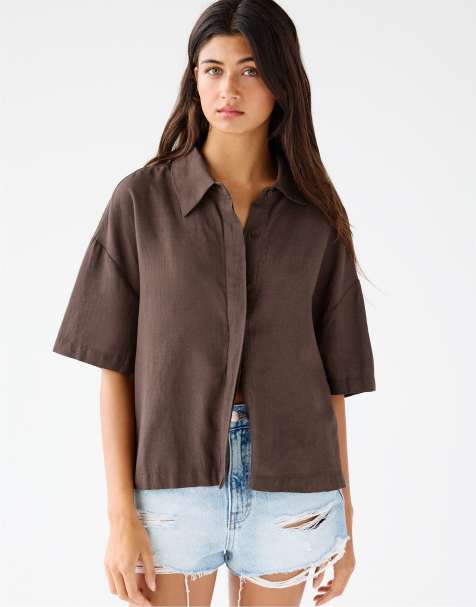 Pull&Bear - Camicia a maniche corte marrone in tessuto grezzo - view 1