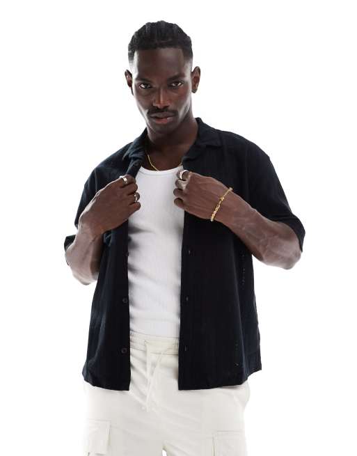 Pull&Bear - Camicia a maniche corte nera testurizzata