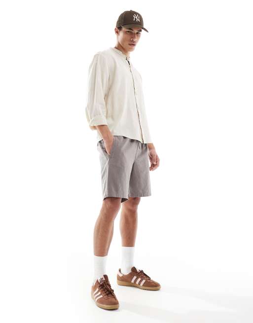 Pull&Bear - Camicia a maniche lunghe con collo serafino in misto lino testurizzato beige