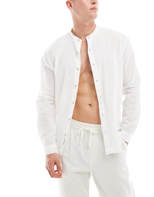Pull&Bear - Camicia a maniche lunghe effetto lino écru con scollo serafino