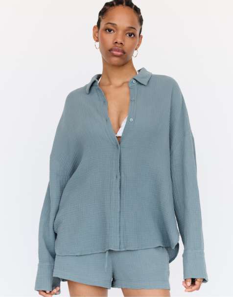 Pull&Bear - Camicia a maniche lunghe in chiffon blu - view 1