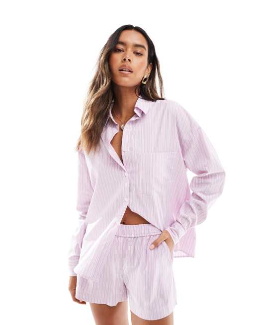 Pull&Bear - Camicia a maniche lunghe rosa a righe in coordinato
