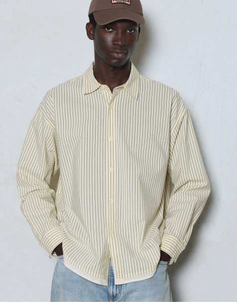 Pull&Bear camicia a righe a maniche lunghe color vaniglia - view 1