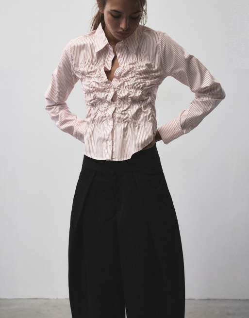 Pull&Bear camicia a righe arricciata rosa cipria, 2 di 6