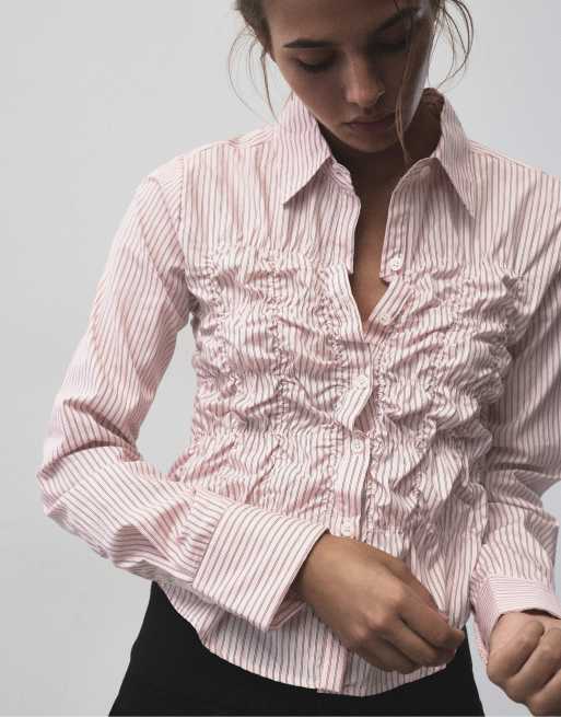 Pull&Bear camicia a righe arricciata rosa cipria, 4 di 6