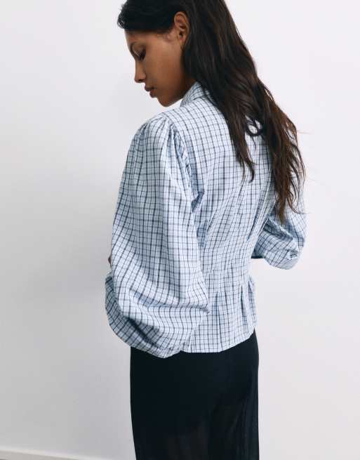 Pull&Bear camicia aderente a quadri grigia/blu, 2 di 7