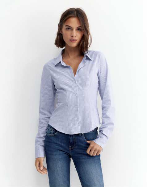 Pull&Bear camicia aderente con polsini ampi blu/bianco - view 1