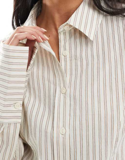 Pull&Bear - Camicia aderente écru a righe, 2 di 4