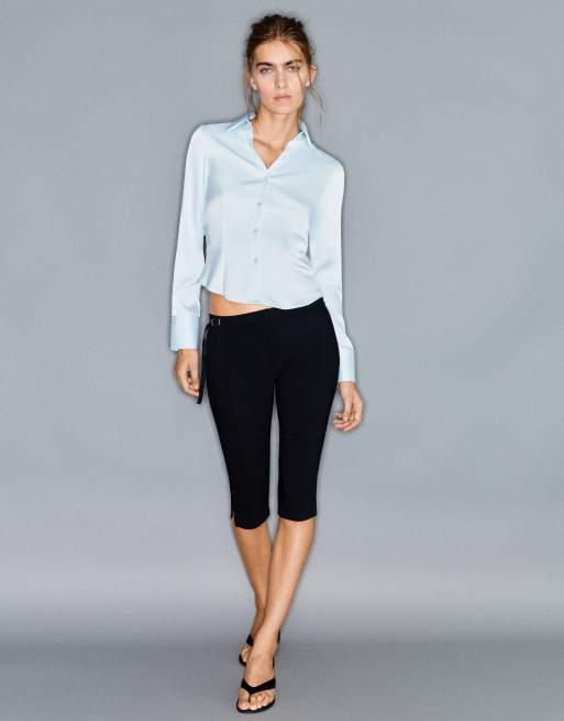 Pull&Bear Camicia aderente in raso azzurro, 4 di 6
