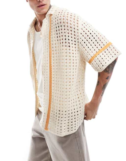 Pull&Bear - Camicia all'uncinetto écru a righe arancioni