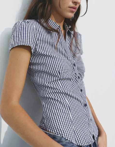 Pull&Bear - Camicia arricciata a maniche corte blu scuro - view 1