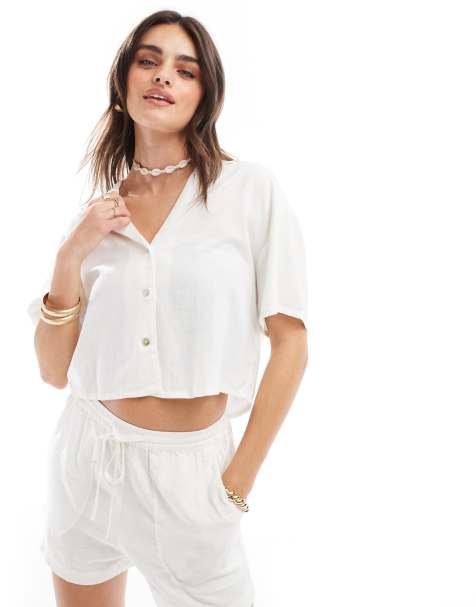 Pull&Bear - Camicia bianca in lino a maniche corte in coordinato - view 1
