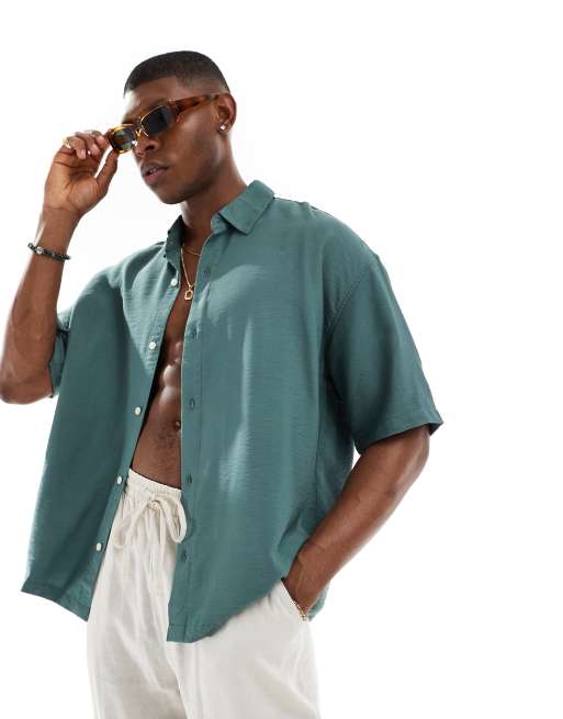 Pull&Bear - Camicia blu effetto lino con colletto a rever