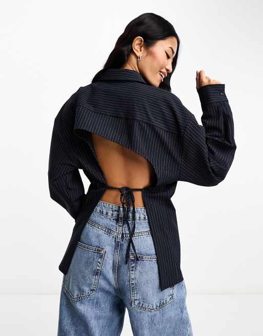 Pull&Bear - Camicia blu navy aperta dietro gessata