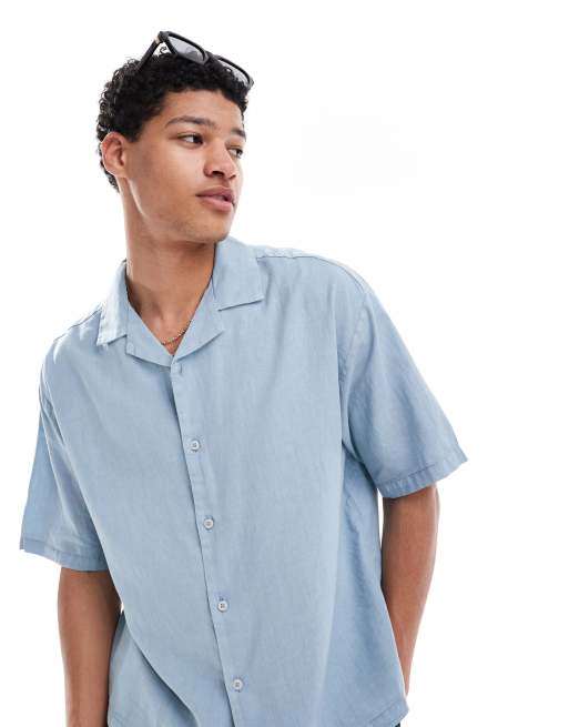 Pull&Bear - Camicia blu petrolio in misto lino con rever