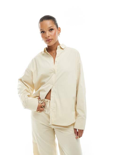 Pull&Bear - Camicia color crema squadrata in coordinato