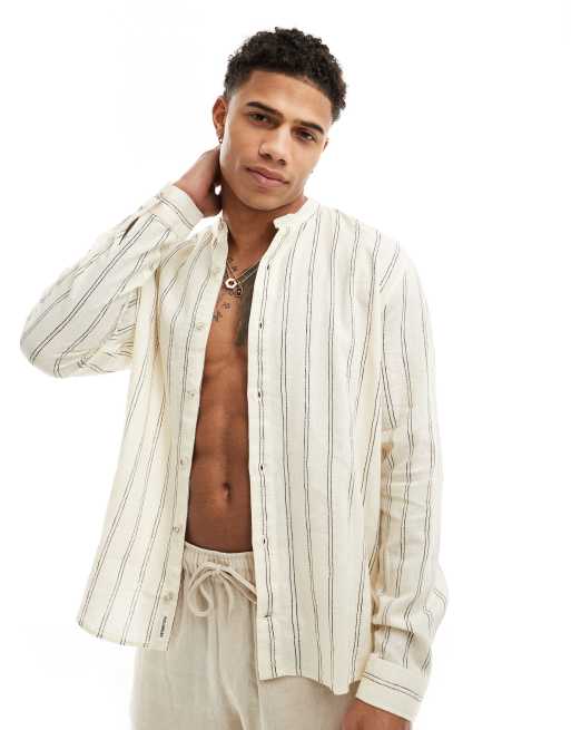 Pull&Bear - Camicia con collo serafino in lino a righe écru