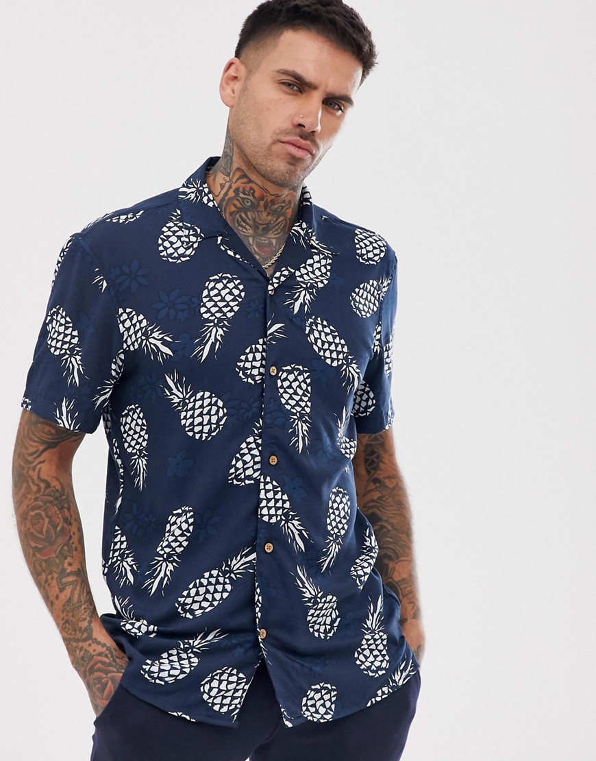 Pull&Bear - Camicia con rever e stampa di ananas-Navy