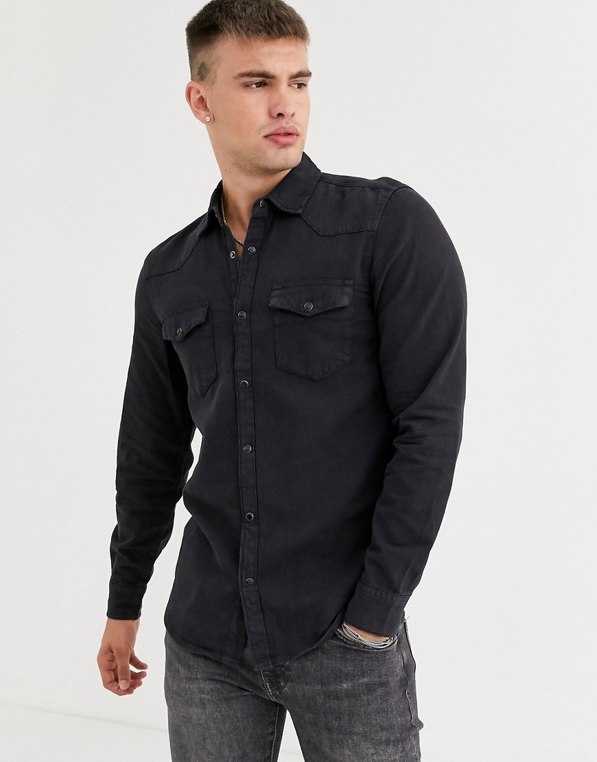 Pull&Bear - Camicia di jeans nera stile western-Nero