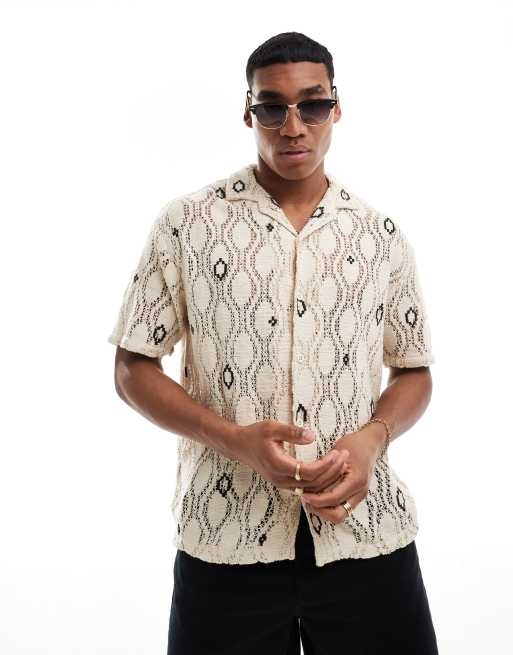 Pull&Bear - Camicia écru all'uncinetto con rever
