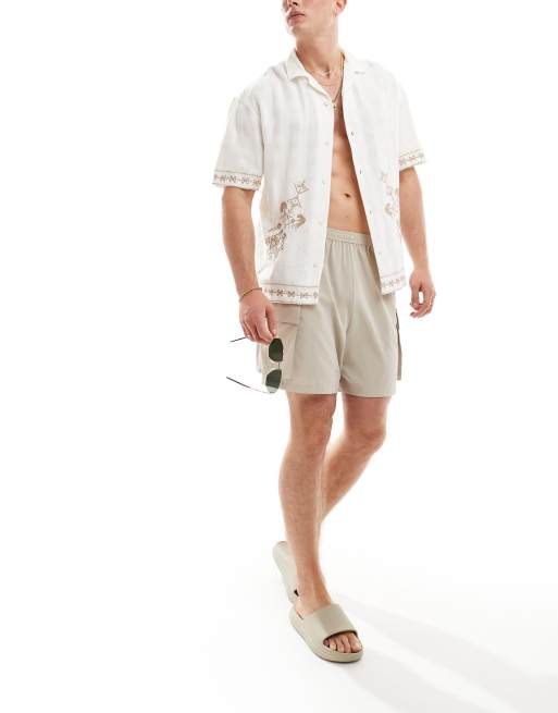 Pull&Bear - Camicia écru con rever e ricamo