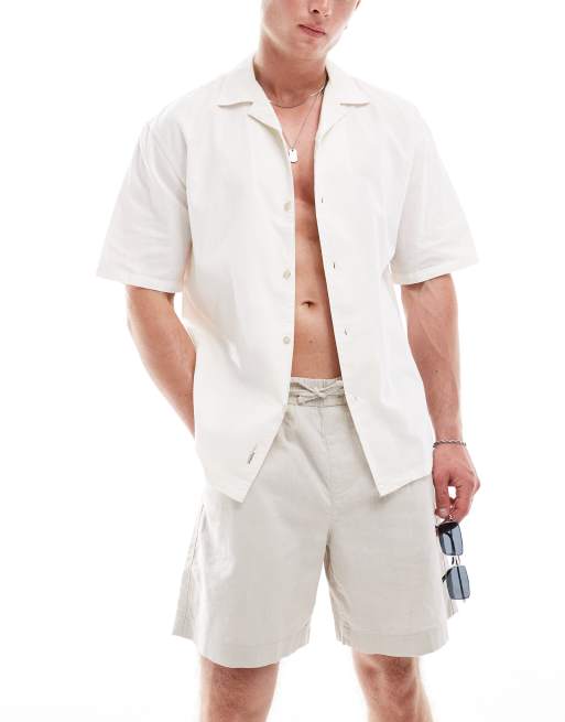 Pull&Bear - Camicia écru effetto lino con colletto a rever