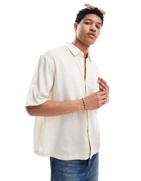 Pull&Bear - Camicia écru in misto lino morbida gessata - view 1
