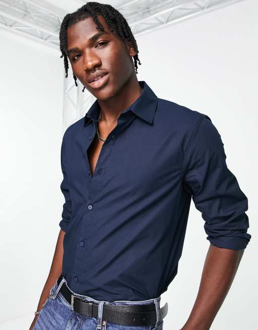 Pull&Bear - Camicia elegante in popeline blu navy