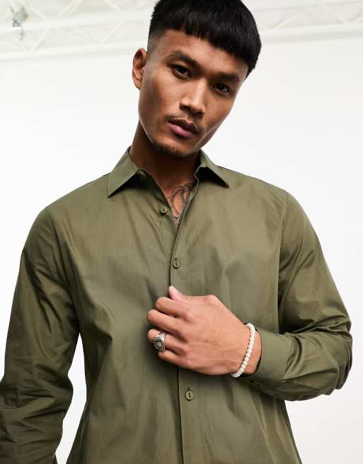 Pull&Bear - Camicia elegante in popeline kaki