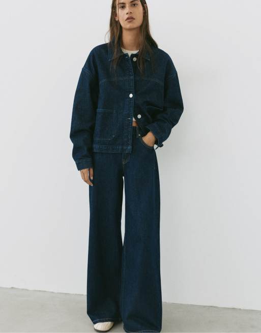 Pull&Bear camicia giacca boxy in denim blu navy, 5 di 7