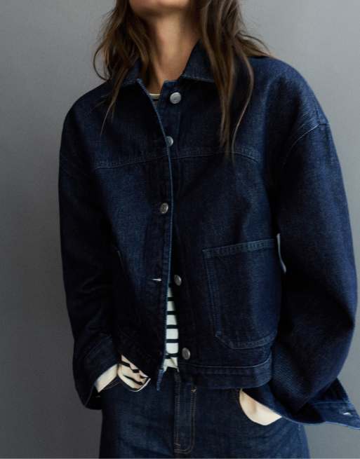 Pull&Bear camicia giacca boxy in denim blu navy, 6 di 7