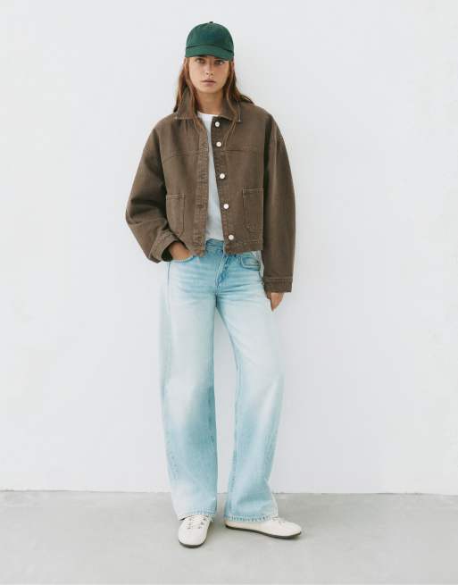 Pull&Bear camicia giacca boxy in denim marrone, 5 di 7