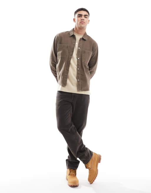Pull&Bear Camicia giacca in denim marrone lavaggio acido ASOS