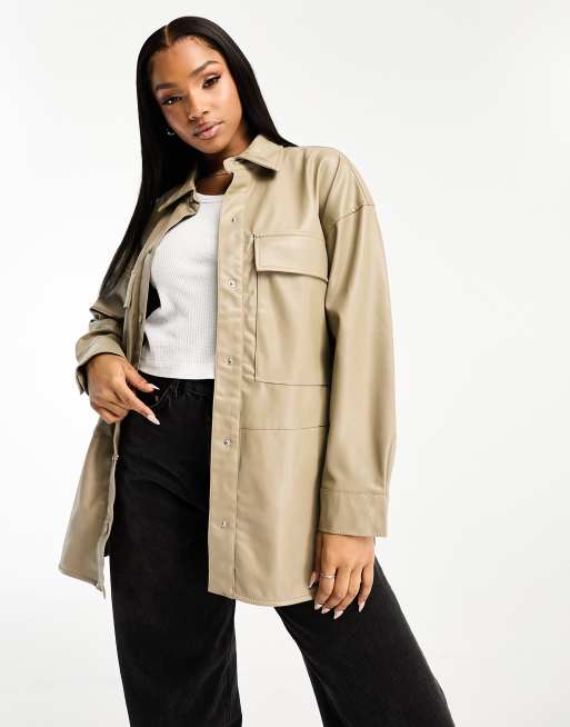 Pull&Bear - Camicia giacca in pelle sintetica color tortora, 1 di 4