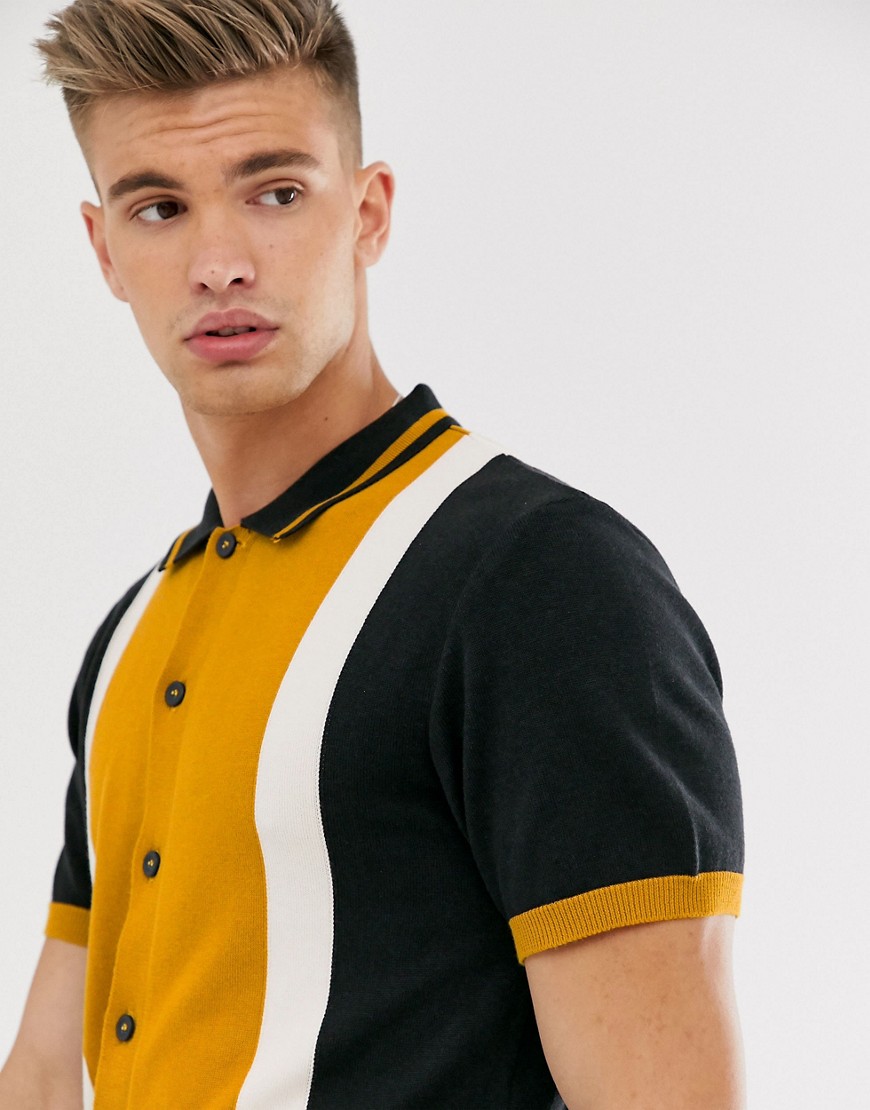 Pull&Bear - Camicia gialla a maniche corte colour block-Giallo