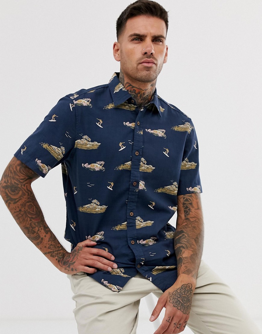 Pull&Bear - Camicia in cotone fiammato stampata blu navy